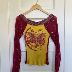 Urban Outfitters Red and Yellow Butterfly Long Sleeve Top